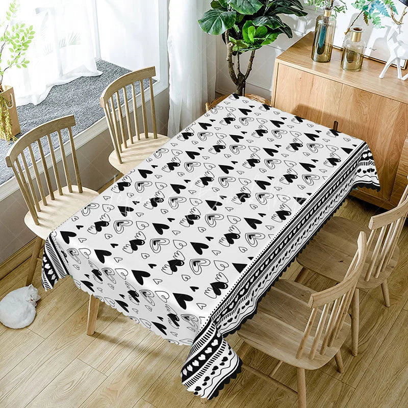 Lofaris Black and White Sketch Heart Rectangle Tablecloth Doodle Love Pattern with Border Minimalist Valentine Decor