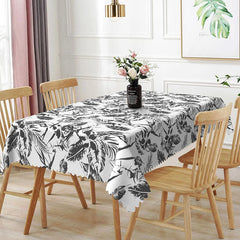 Lofaris Black and White Tropical Rectangle Tablecloth Sketch Floral Palm Leaves Modern Summer Dining Decor