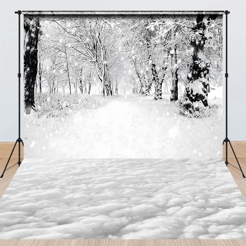 Lofaris Black and White Winter Forest Combo Set Backdrop Snowy Path Through the Trees Moody Holiday Photo Scene