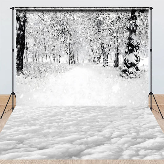 Lofaris Black and White Winter Forest Combo Set Backdrop Snowy Path Through the Trees Moody Holiday Photo Scene