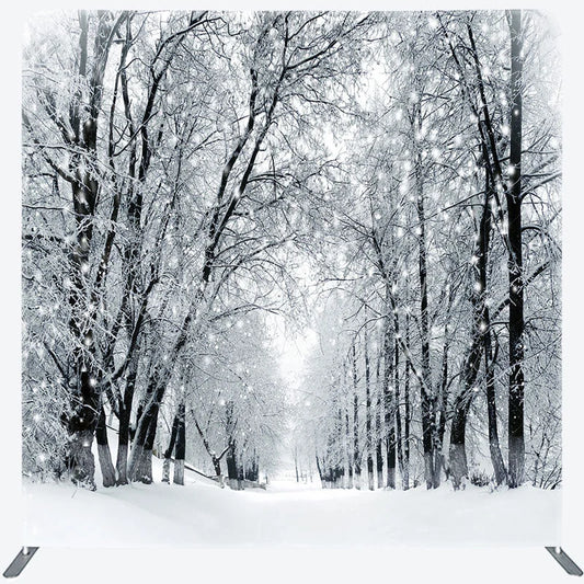 Lofaris Black and White Winter Forest Double-Sided Tension Fabric Backdrop Snowy Trees Path Holiday Photo Booth