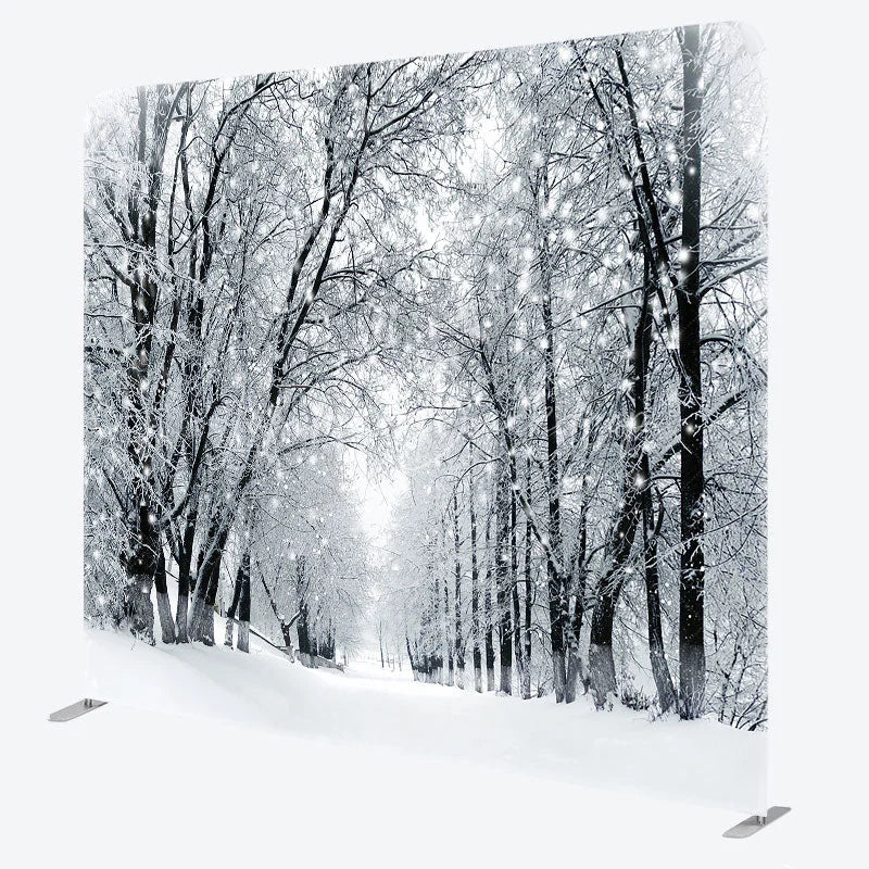 Lofaris Black and White Winter Forest Double-Sided Tension Fabric Backdrop Snowy Trees Path Holiday Photo Booth