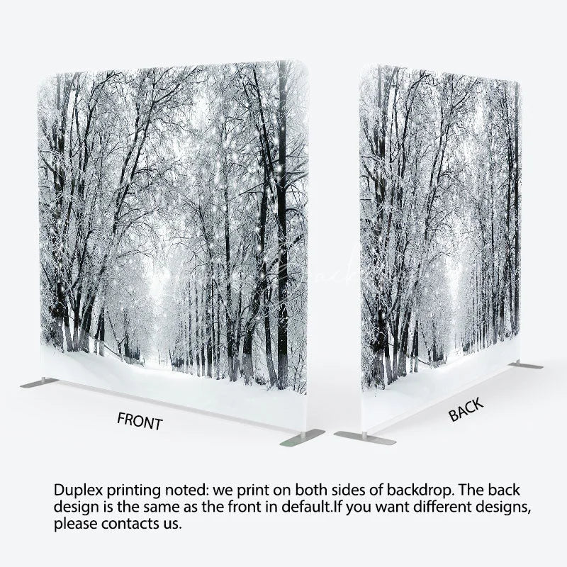 Lofaris Black and White Winter Forest Double-Sided Tension Fabric Backdrop Snowy Trees Path Holiday Photo Booth