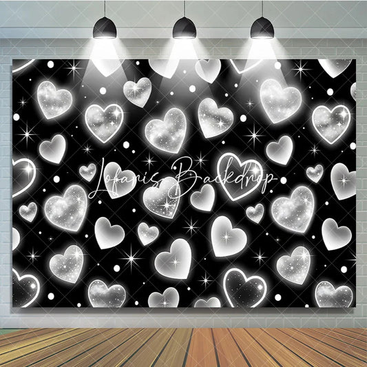 Lofaris Black and White Y2K Glitter Heart Pattern Birthday Backdrop Sparkling Elegant Party Celebration Decor