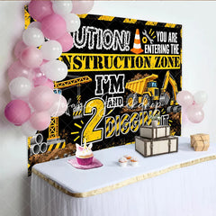 Lofaris Black and Yellow Construction Zone 2nd Birthday Backdrop with Dump Truck Excavator 2 Digging It Party Decor