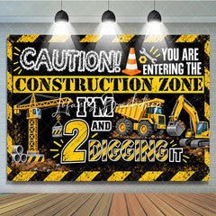 Lofaris Black and Yellow Construction Zone 2nd Birthday Backdrop with Dump Truck Excavator 2 Digging It Party Decor