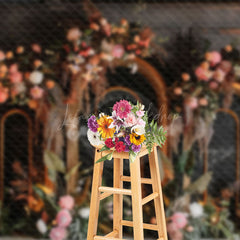 Lofaris Black Arch Boho Floral Leaves Wedding Photo Backdrop