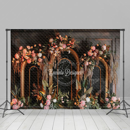 Lofaris Black Arch Boho Floral Leaves Wedding Photo Backdrop