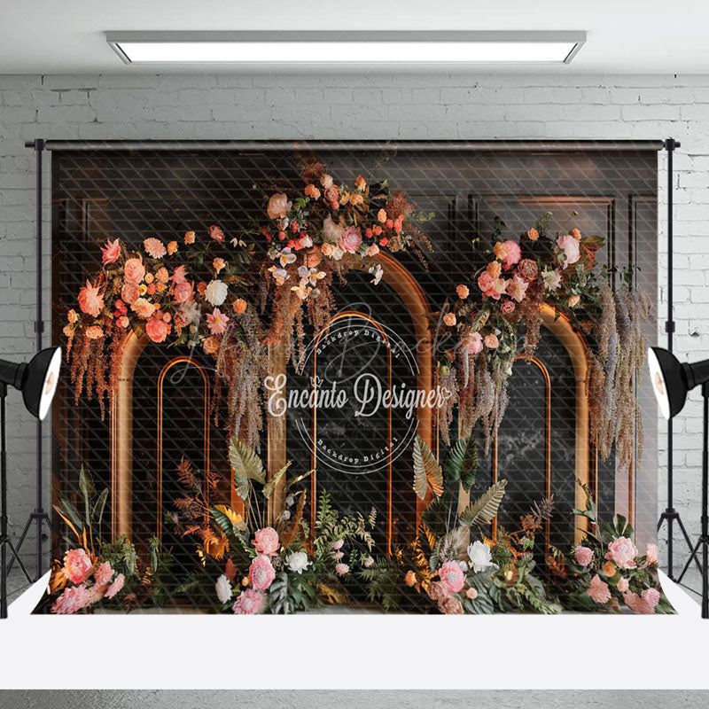 Lofaris Black Arch Boho Floral Leaves Wedding Photo Backdrop