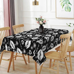 Lofaris Black Background White Kiss Lip Rectangle Tablecloth I Love You Text Print Modern Edgy Valentine Decor