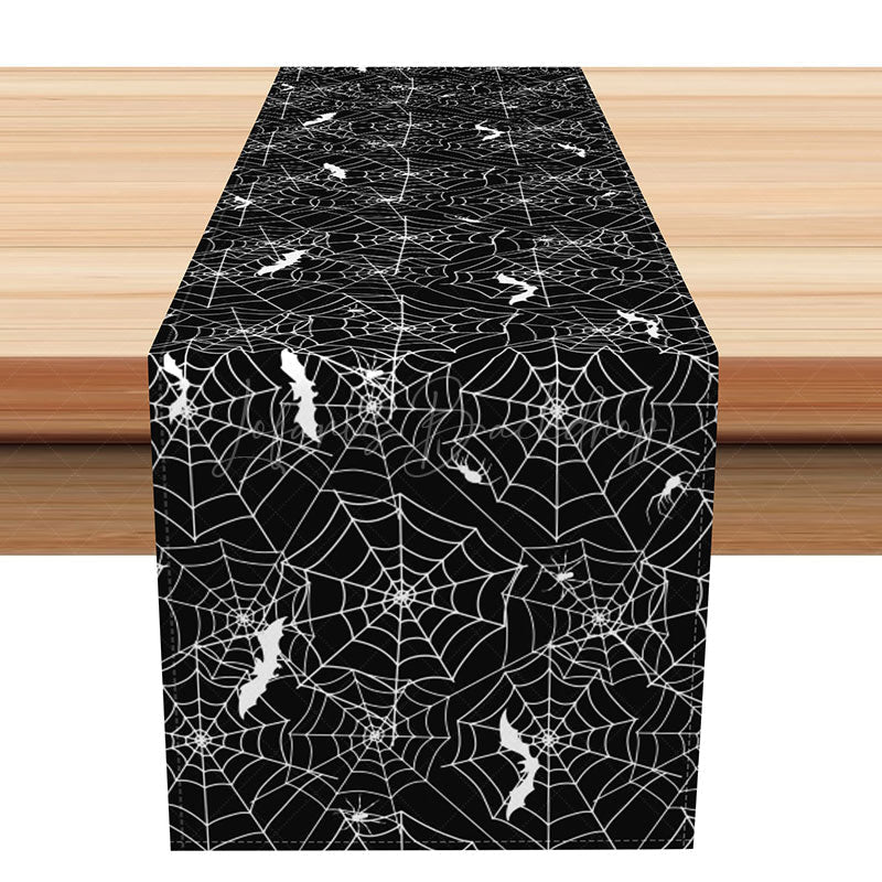 Lofaris Black Bat and Spider Web Halloween Table Runner Spooky Gothic Dining Decor Haunted House Party Decoration