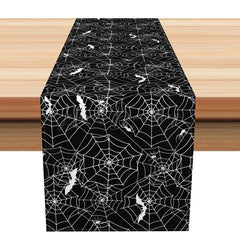 Lofaris Black Bat and Spider Web Halloween Table Runner Spooky Gothic Dining Decor Haunted House Party Decoration