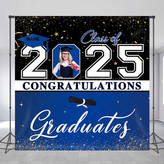 Lofaris Black Blue Custom Name Photo Congrats Grad Backdrop