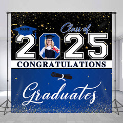 Lofaris Black Blue Custom Name Photo Congrats Grad Backdrop