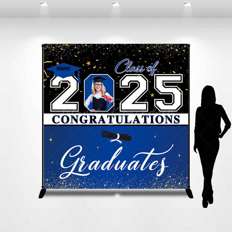 Lofaris Black Blue Custom Name Photo Congrats Grad Backdrop