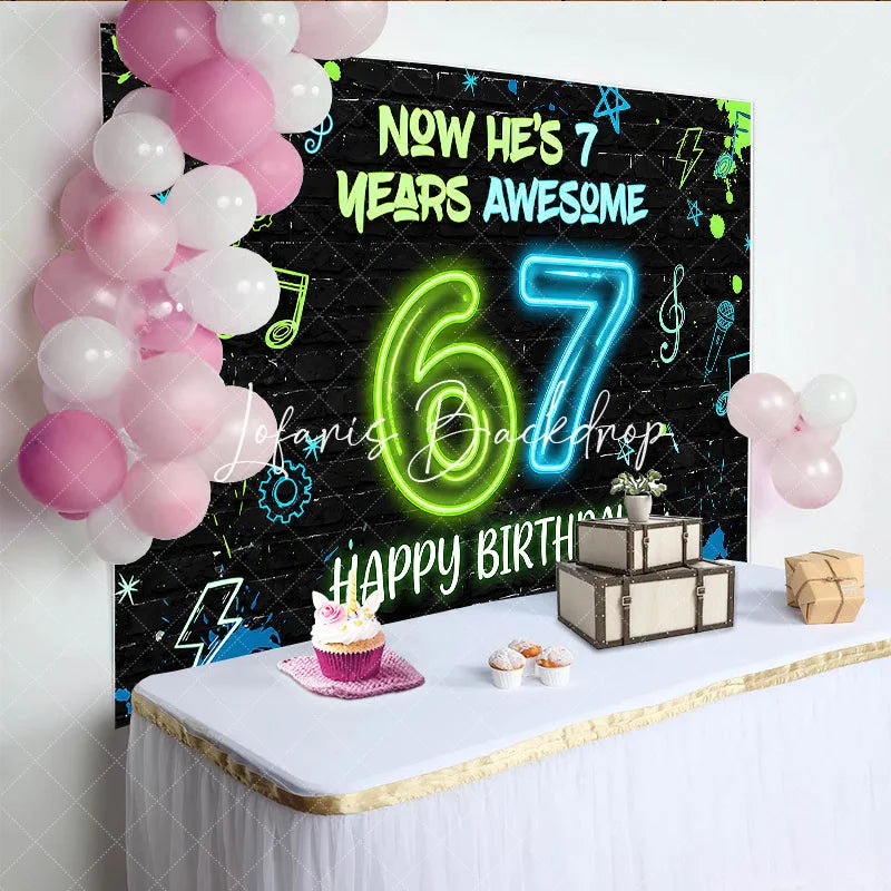 Lofaris Black Brick Wall Neon Green Blue 7th Birthday Backdrop with Music Notes and Lightning Awesome Party Decor