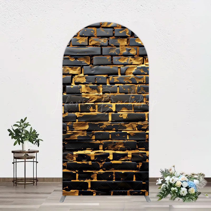 Lofaris Black Bricks Wall Golden Engraved Arch Backdrop