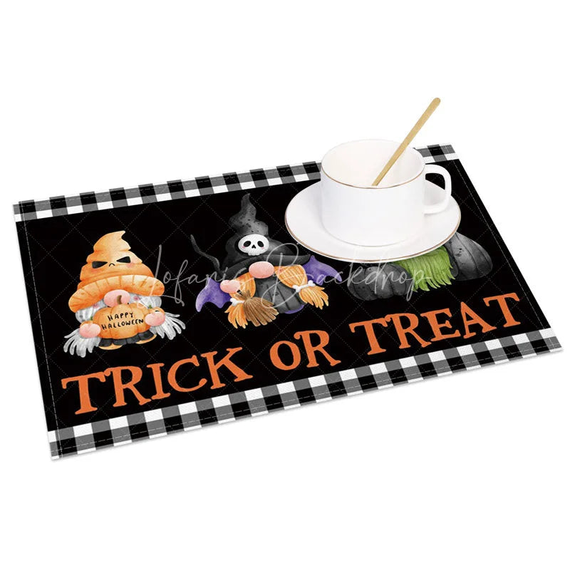 Lofaris Black Checkered Halloween Gnome Set of 4 Placemats for Spooky Farmhouse and Buffalo Plaid Decor