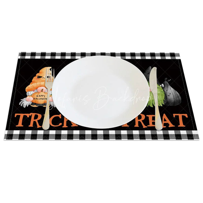 Lofaris Black Checkered Halloween Gnome Set of 4 Placemats for Spooky Farmhouse and Buffalo Plaid Decor