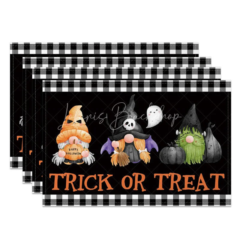 Lofaris Black Checkered Halloween Gnome Set of 4 Placemats for Spooky Farmhouse and Buffalo Plaid Decor
