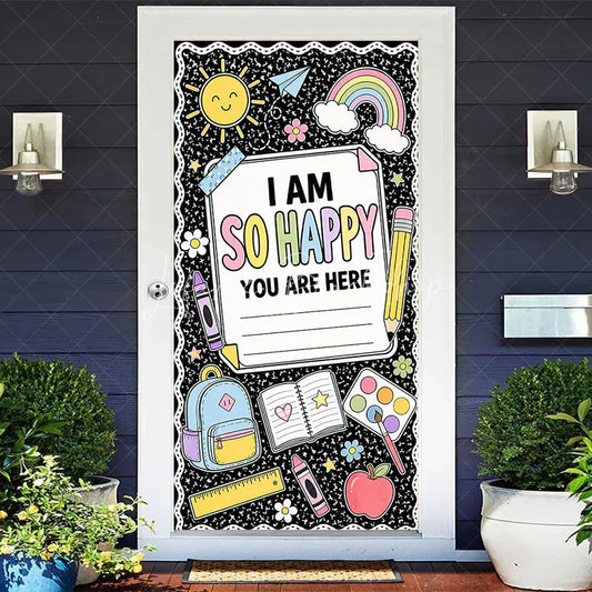 Lofaris Black Composition Notebook Style Welcome Door Cover with Pastel School Supplies and Happy Message Classroom Decor