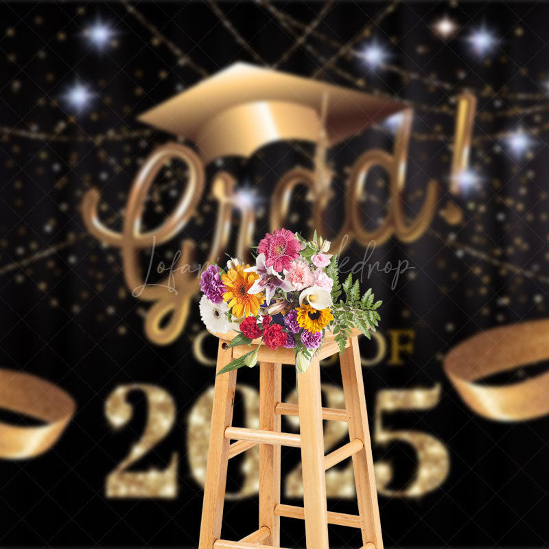 Lofaris Black Curtain Gold Ribbon Congrats Grad Backdrop