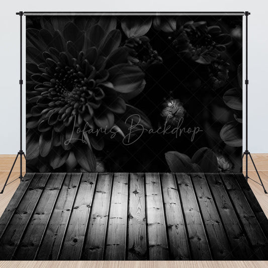 Lofaris Black Flowers Solemn Wooden Floor Combo Set Backdrop