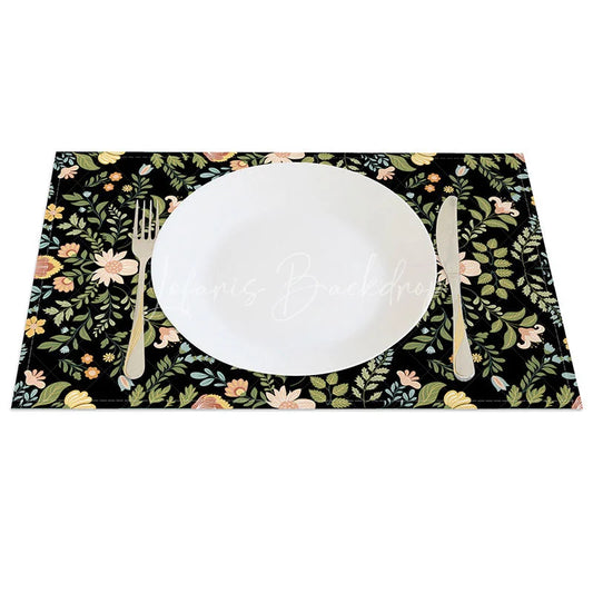 Lofaris Black Folk Art Floral Set of 4 Placemats Vintage Colorful Flowers Boho Kitchen Table Mats Decor