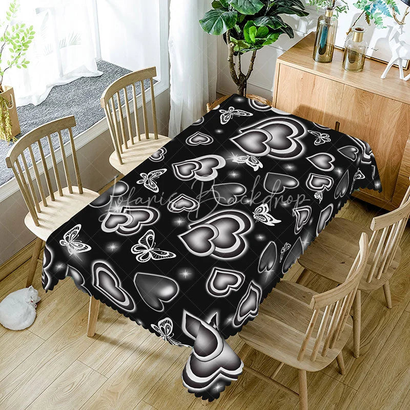 Lofaris Black Glowing Heart Butterfly Rectangle Tablecloth Neon Light Love Pattern Modern Gothic Dining Decor