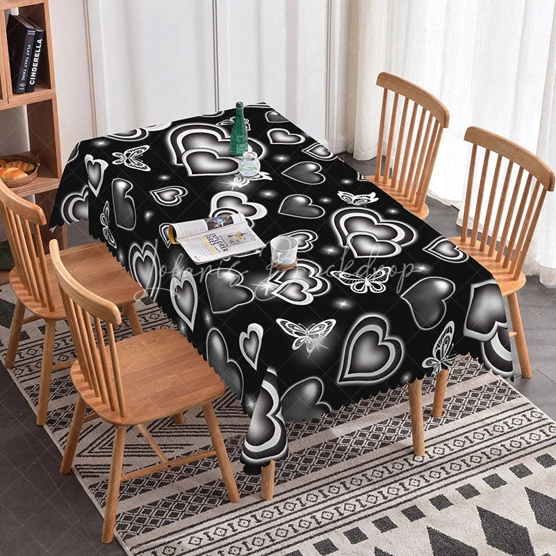 Lofaris Black Glowing Heart Butterfly Rectangle Tablecloth Neon Light Love Pattern Modern Gothic Dining Decor