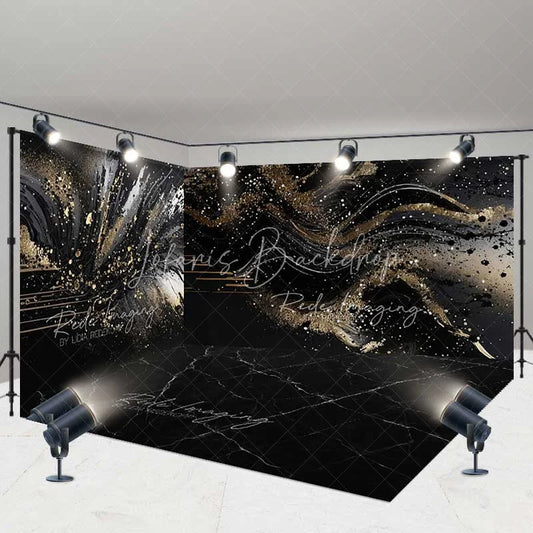 Lofaris Black Gold Abstract Room Set Backdrop Redefining Luxury Splatter Swirl Design Modern Photography Event