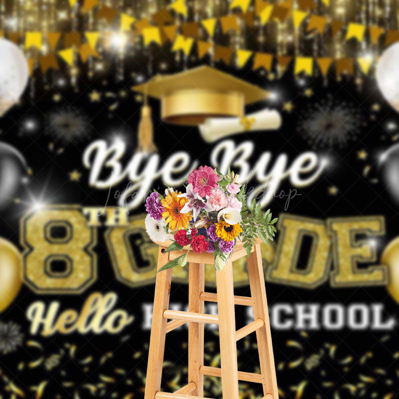 Lofaris Black Gold Balloon Bye 8th Grade Graduation Backdrop