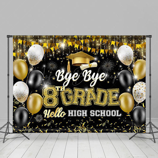 Lofaris Black Gold Balloon Bye 8th Grade Graduation Backdrop