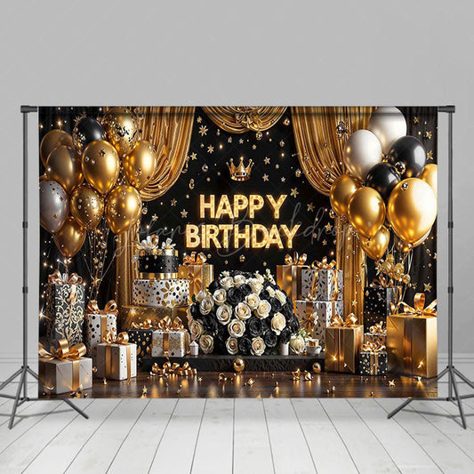 Lofaris Black Gold Balloon Gift Happy Birthday Photo Backdrop