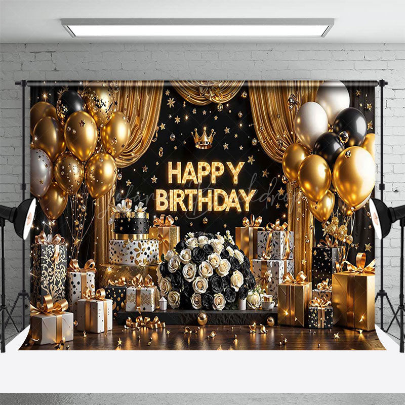 Lofaris Black Gold Balloon Gift Happy Birthday Photo Backdrop
