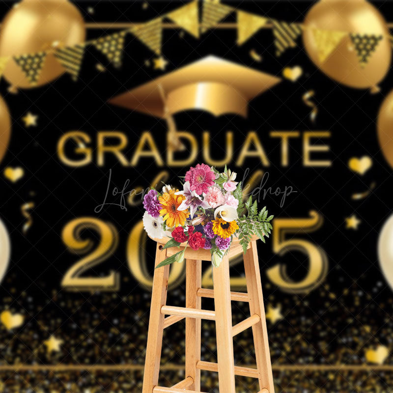 Lofaris Black Gold Balloon Glitter Cheers Graduation Backdrop