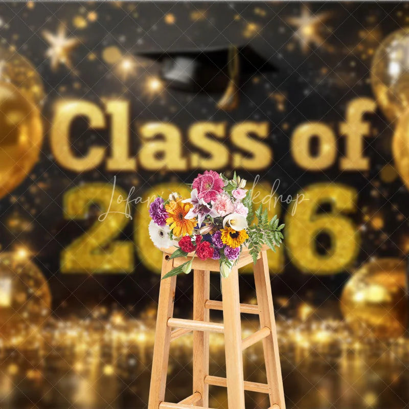 Lofaris Black Gold Balloons Bokeh Class of 2026 Grad Backdrop