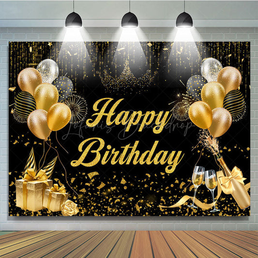 Lofaris Black Gold Balloons Champagne Happy Birthday Backdrop