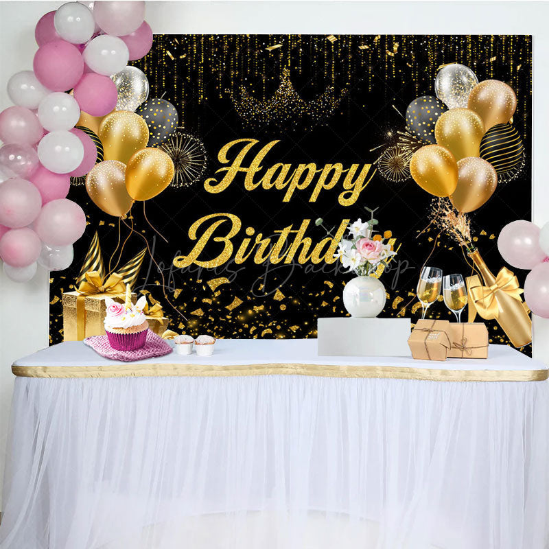 Lofaris Black Gold Balloons Champagne Happy Birthday Backdrop
