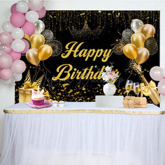 Lofaris Black Gold Balloons Champagne Happy Birthday Backdrop