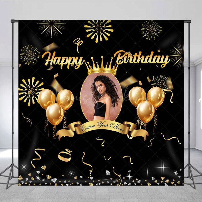 Lofaris Black Gold Balloons Custom Photo Birthday Backdrop