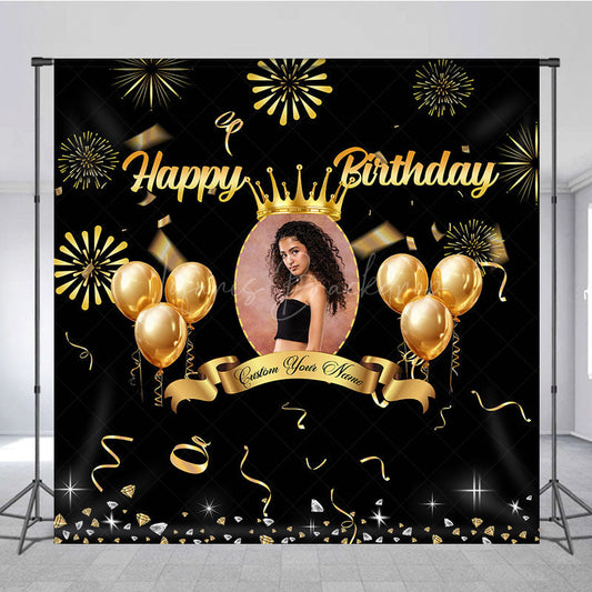 Lofaris Black Gold Balloons Custom Photo Birthday Backdrop