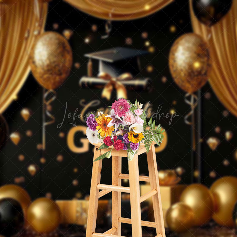 Lofaris Black Gold Balloons Gifts Congrats Grad Backdrop