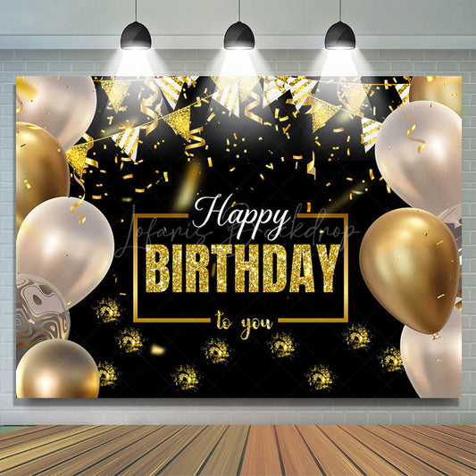 Lofaris Black Gold Balloons Ribbons Happy Birthday Backdrop