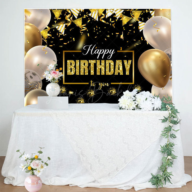 Lofaris Black Gold Balloons Ribbons Happy Birthday Backdrop