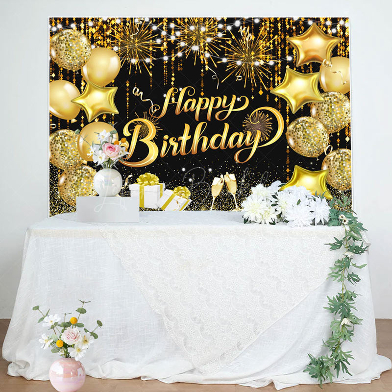 Lofaris Black Gold Balloons Sparkle Happy Birthday Backdrop