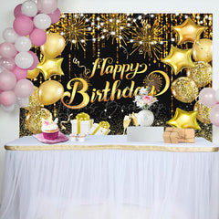 Lofaris Black Gold Balloons Sparkle Happy Birthday Backdrop