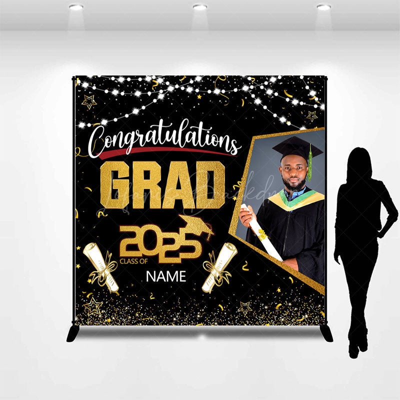 Lofaris Black Gold Congrats Grad Custom Photo Name Backdrop