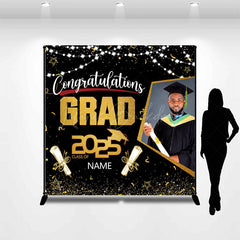 Lofaris Black Gold Congrats Grad Custom Photo Name Backdrop