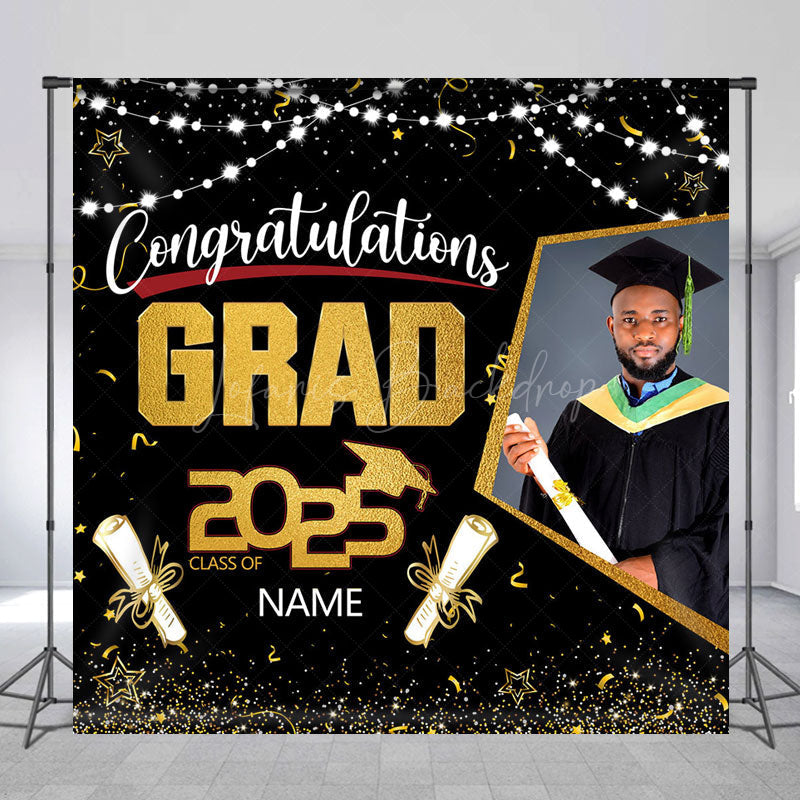 Lofaris Black Gold Congrats Grad Custom Photo Name Backdrop
